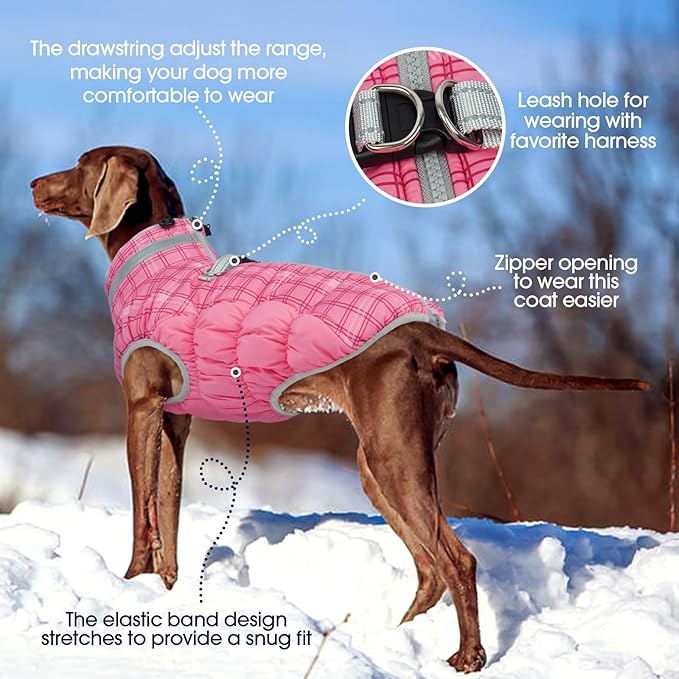 FUAMEY Dog Coat for Small Dogs,Waterproof Dog Winter Jacket with Harness Built in Puppy Cold Weather Coats Reflective Pet Vest with Zipper Warm Fleece Dogs Snowsuit Windproof Rose Plaid S