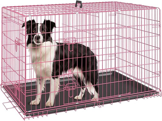 FDW Dog Crate Dog Kennel Cage with Double Door,36 inch Folding Metal Wire Dog Cage with Removable Tray&Divider Panel,Pet Crate for Medium Dogs,Pink