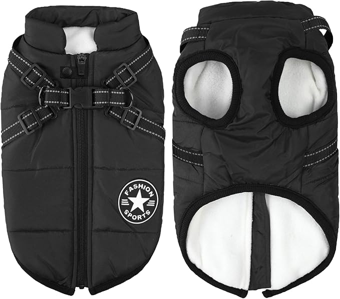 Aiboria Dog Coat for Winter Waterproof Dogs Jackets Windproof Fleece Small Dog Vest Harness Winter Padded Pet Black S