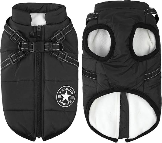 Aiboria Dog Coat for Winter Waterproof Dogs Jackets Windproof Fleece Small Dog Vest Harness Winter Padded Pet Black S