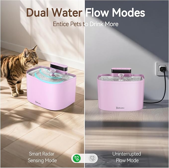 Cat Water Fountain, App Control Cat Fountain, 122oz/3.6L Pumpless Water Fountains for Cats Indoor with Stainless Steel Tray, Wi-Fi Dog and Pet Water Fountain (Pink, Fountain+8 Fliters)