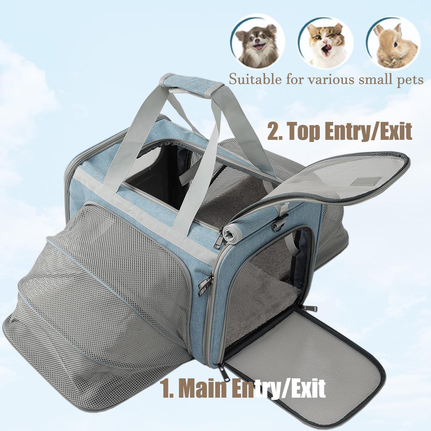 Cat Carriers Blue Soft Dogs Carrier Airline Approved Puppy Expandable Bag,Softsides,Expanded,Rabbit Bunny Pets Travel Bag Small Animals Outdoor Carry Kennel