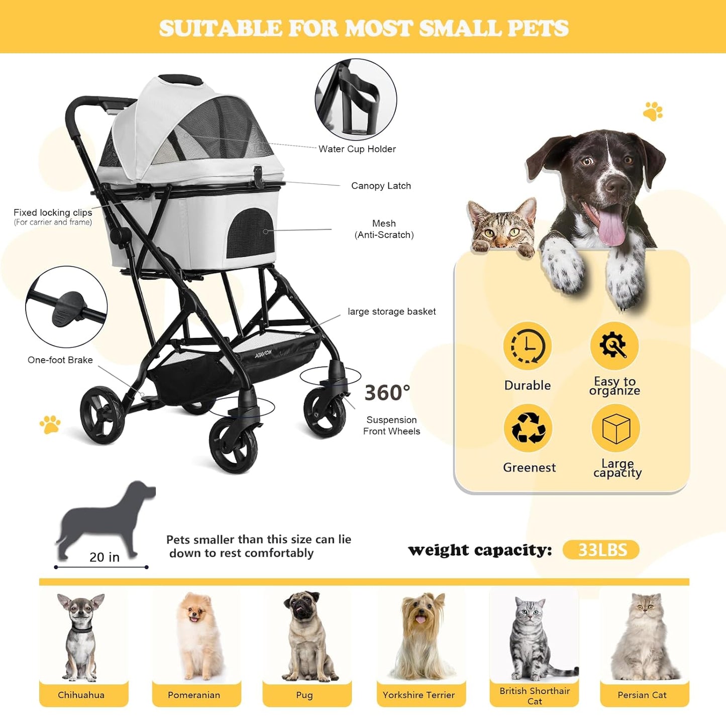 Dog Stroller for Small Dogs Cats Up to 33LBS, 3-in-1 Lightweight Foldable Pet Stroller with Removable Carrier, Storage Basket for Travel- Gray