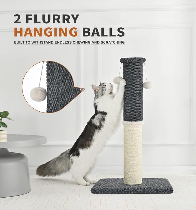 Made4Pets Tall Cat Scratching Post, Heavy Duty and Thicker Scratching Posts for Indoor Cats Adults, 33" Natural Sisal Cat Scratcher with Hanging Balls, Sturdy Base Cat Scratch Post, Dark Grey