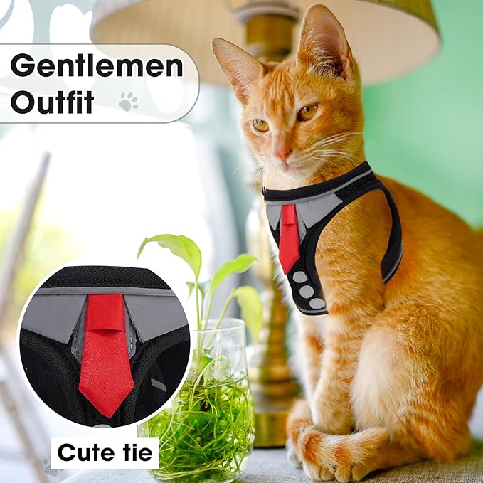 Cat Harness and Leash Set for Walking Escape Proof, Soft Adjustable Kitten Harness Breathable Mesh with Reflective Strips Harness for Kitty Puppy Bunny(Black,XS)