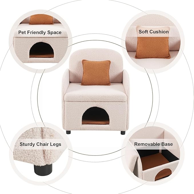 Accent Chair with Cat Bed for Cats Lover, Sherpa Fabric Pet-Friendly Single Sofa Cute Armchair with Pet Nest for Living Room, Beige.