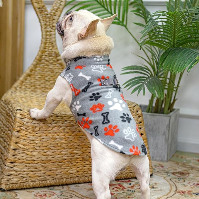 BEAUTYZOO Small Dog Sweater Fleece Vest Winter Jacket, D-Ring Leash Attachment for XS S Puppy Medium Sized Breeds Dogs, Cold Weather Dog Clothes Windproof Keep Warm, Grey Bones Paw XL