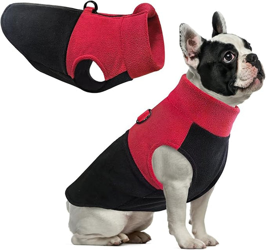 Idepet Dog Fleece Vest Sweater Zip Up Warm Pullover Dogs Jacket with D-Ring Leash Winter Cold Weater Coat Pet Sweatershirt Clothes Hoodie for Small Medium Dogs Boy Girl (Red/Black, M)