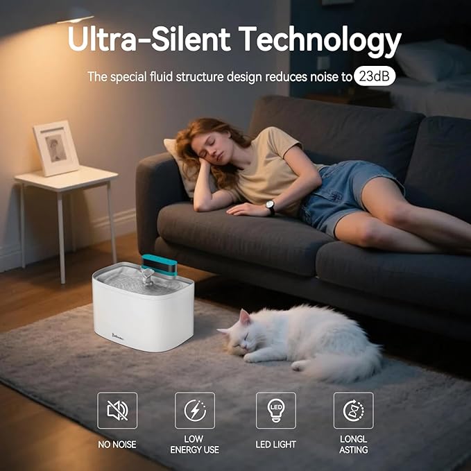 Cat Water Fountain, App Control Cat Fountain, 122oz/3.6L Pumpless Water Fountains for Cats Indoor with Stainless Steel Tray, Wi-Fi Dog and Pet Water Fountain (White, Fountain+8 Fliters)