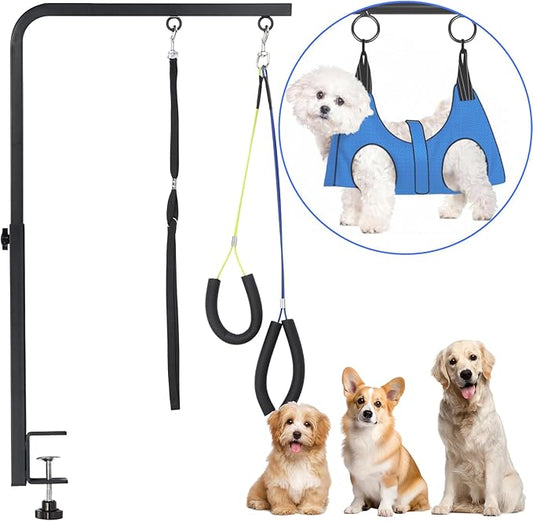 Dog Grooming Arm, Adjustable Pet Grooming Arm with Clamp for Small and Medium Dogs,Grooming Loop and No Sit Haunch Holder (Black, 29" H Arm + Heavy Duty Clamp + Hammock)