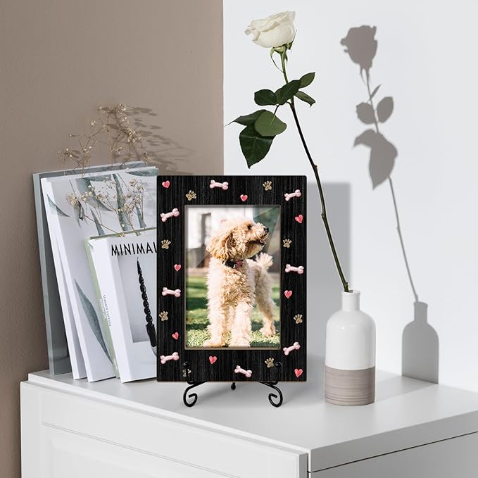 Dog Picture Frame Dog Paw Print Photo Frame, Gifts for Pet Owner Pet Lover, Wooden Picture Frame with Stand, 4"x6" Photo Frame for Tabletop Display, Home Office Desk Decor Shelf Display/XK62