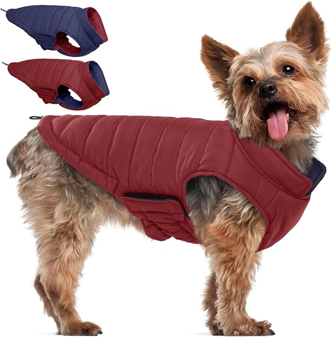 QBLEEV Reversible Dog Puffer Coat, Waterproof Warm Vest for Dogs, Windproof Padded Jacket for Small Dogs, Adjustable Puppy Winter Coats, Snow Cold Weather Coats for Chihuahua Yorkie, Wine Red, S