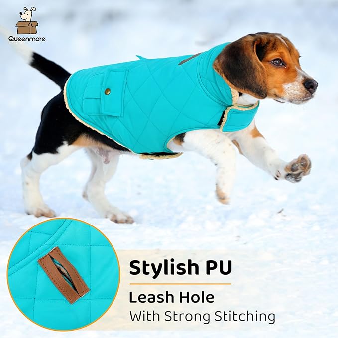 Queenmore Warm Dog Coat, Cold Weather Puffer Dog Coat Vest, Quilting Winter Pet Jacket Ultra Thick Plush Fleece Lining Pet Clothes for Dogs with Storage Pockets (Light Blue, X-Small)