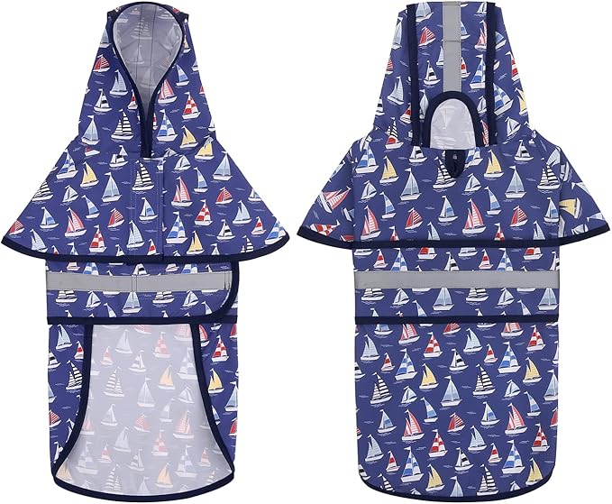 HDE Dog Raincoat Jacket Reflective Adjustable Hooded Pet Poncho Rain Coat with Leash Hole for Small to X-Large Dogs Nautical Boats - S