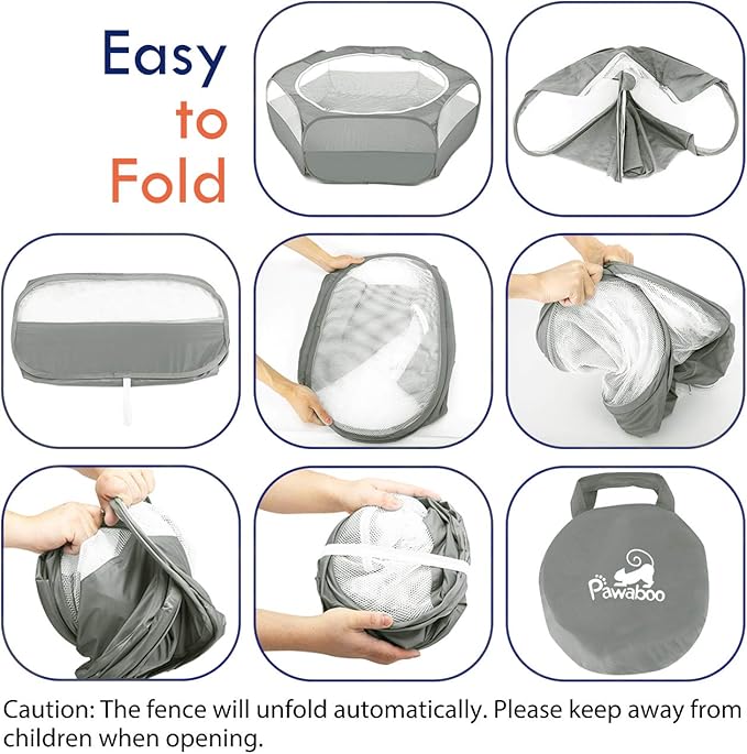 Pawaboo Small Animals Playpen, Waterproof Small Pet Cage Tent with Zippered Cover, Portable Outdoor Yard Fence with 3 Metal Rod for Chick/Kitten/Puppy/Guinea Pig/Rabbits/Hamster/Chinchillas,Light Gray