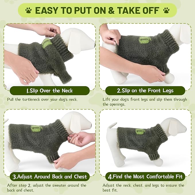 Small Dog Furry Pullover Sweater, Classic Turtleneck Dog Clothes for Cold Weather Cute Warm Pet Clothes for Chihuahua, Bulldog, Dachshund, Pug Green Large