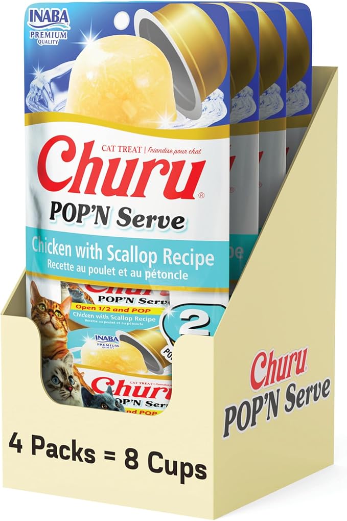 INABA Churu Pop'N Serve Jelly Cat Treat with Vitamin E & Taurine, 1.2 Ounce Cup, 8 Cups, Chicken with Scallop Recipe