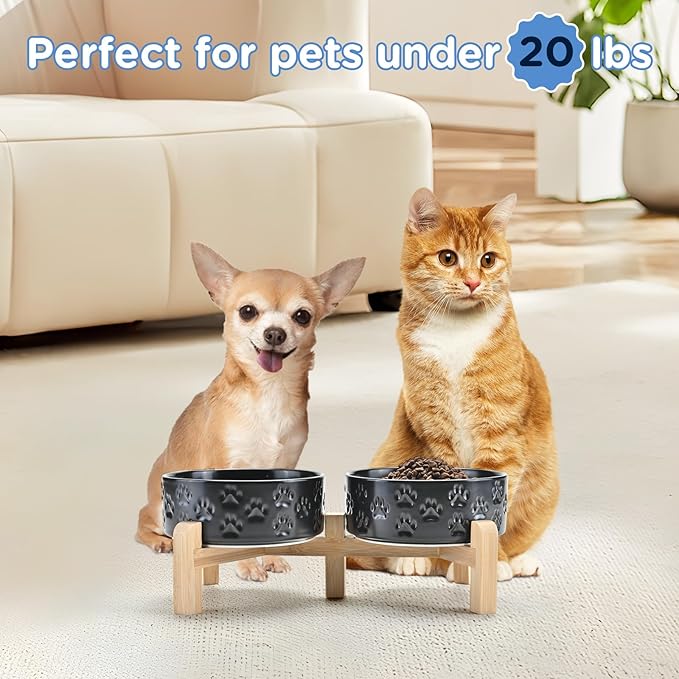 SPUNKYJUNKY Elevated Dog Bowls Ceramic, 5.1'' Dogs and Cat Food Water Bowls Raised with Non-Slip Bamboo Stand for Puppy Small Sized Breed Microwave Dishwasher Safe - 13.5 OZ,Paw Black