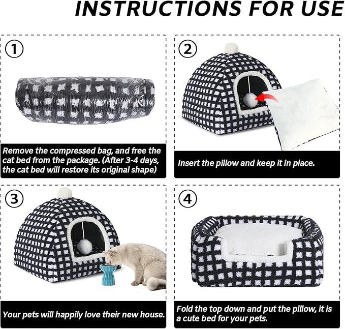 Cat Cave Bed for Indoor Cats, Washable Small Cat Dome Bed Hideaway Bed for Indoor Cats with Removable Mattress for Kittens Cat Tent House 15"x15"