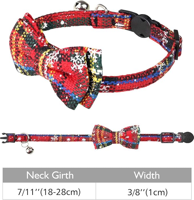 Joytale Upgraded Christmas Cat Collar with Bells, Breakaway Cat Collars with Bow Tie, 1 Pack Girl Boy Safety Plaid Kitten Collars, Christmas Red