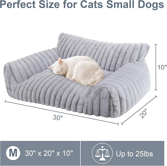 Cute Cat Couch Bed for Indoor Cats, Fluffy Pet Cat Sofa with Premium Soft Corduroy Fleece, Cute Small Dog Beds for Small Dogs, Fuzzy Puppy Chair with Removable Washable Cover (30x20x10,Grey)