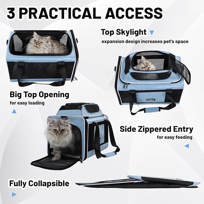 Cat Carrier Top-Expandable 18x11x11, United Delta American Airline Approved Dog Carrier, Soft Pet Carry-On Bag Underseat in Cabin, Puppy Air Travel Crate Kitten TSA Plane Carrying Case Blue