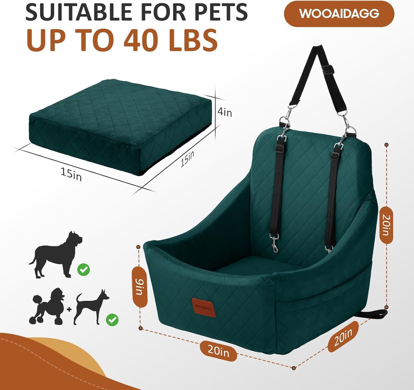 Dog Car Seat for Medium Dogs, Pet Travel Bed with Seat Belt Channel, Fully Detachable and Washable, 3 Straps Easy to Install (Green)