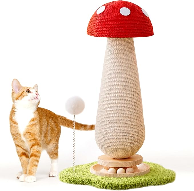 Mushroom Cat Scratching Post Cat Tree, 21.5‘’ H Cute Cat Scratcher Tower with Durable Solid Wood Turntable Toy, Mushroom Scratch Post Cat Toys Cat Sisal Scratcher with Catnip for Indoor Cats