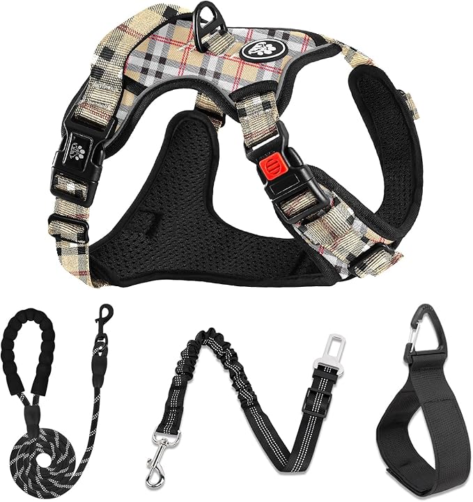 NESTROAD No Pull Dog Harness with Leash, Reflective No Choke Pet Vest Harness,Adjustable Soft Padded Dog Harness with Easy Control Handle for Small Dogs(Checkered Beige,Small)