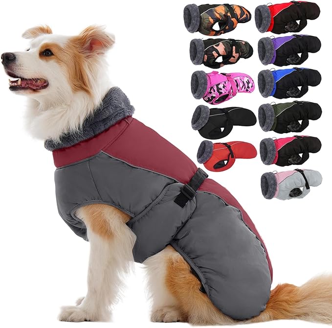 IECOii Extra Warm Dog Jackets for Large Dogs, Insulated Thermal Fleece Vest for Winter, Waterproof Reflective XL Dog Coat with Fur Collar, Windproof Cold Weater Clothes with Leash Hole, Burgundy, XL