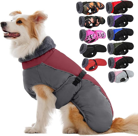 IECOii Extra Warm Dog Jackets for Large Dogs, Insulated Thermal Fleece Vest for Winter, Waterproof Reflective XL Dog Coat with Fur Collar, Windproof Cold Weater Clothes with Leash Hole, Burgundy, XL