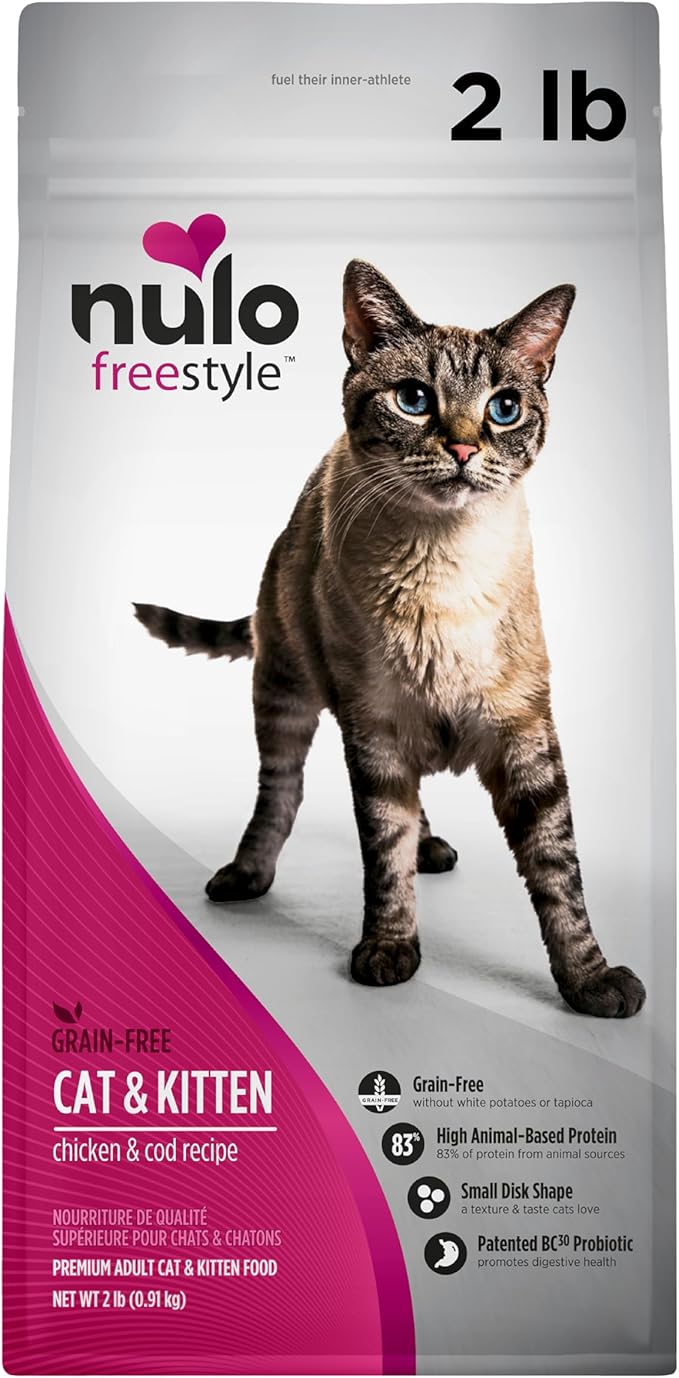 Nulo Freestyle High Protein Cat & Kitten Food, Chicken & Cod Recipe - Natural Grain-Free Dry Cat Food with Omega Fatty Acids & Probiotics, 2 lb Bag