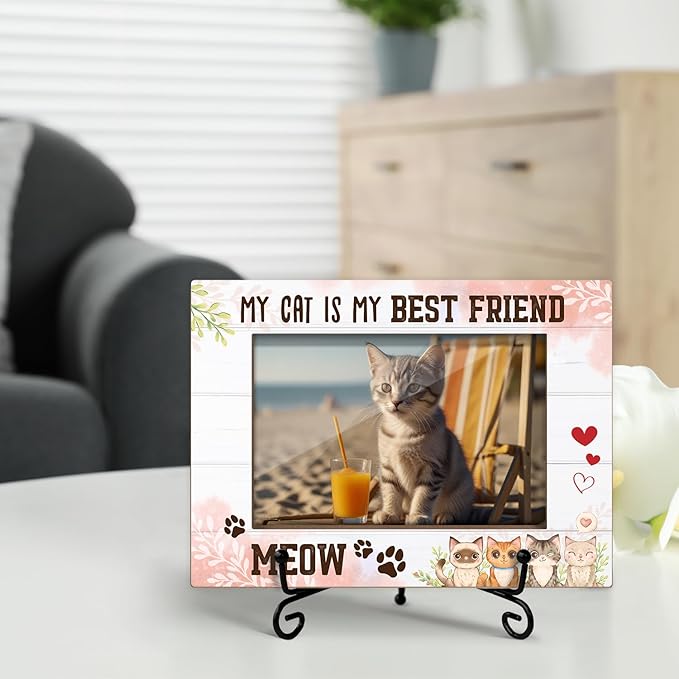 Cat Picture Frame, Pet Picture Frame Cat Lover Gifts for Friends Mom, Wooden Photo Frame with Stand, 4"x6" Photo Frame for Tabletop Display, Home Office Bedroom Decor Shelf Display/XK43
