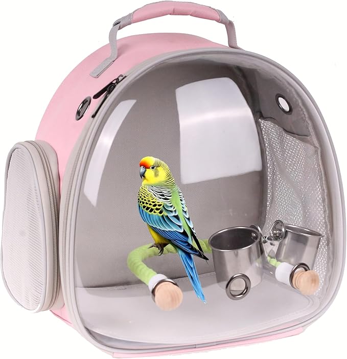 halinfer Small Bird Travel Backpack Carrier Cage with Cups, Backpack to Transport Backpack Carrier with Clamp Cups Stand Perch for Parakeet Cockatiel Budgies Vet Carry Book Bag Pink