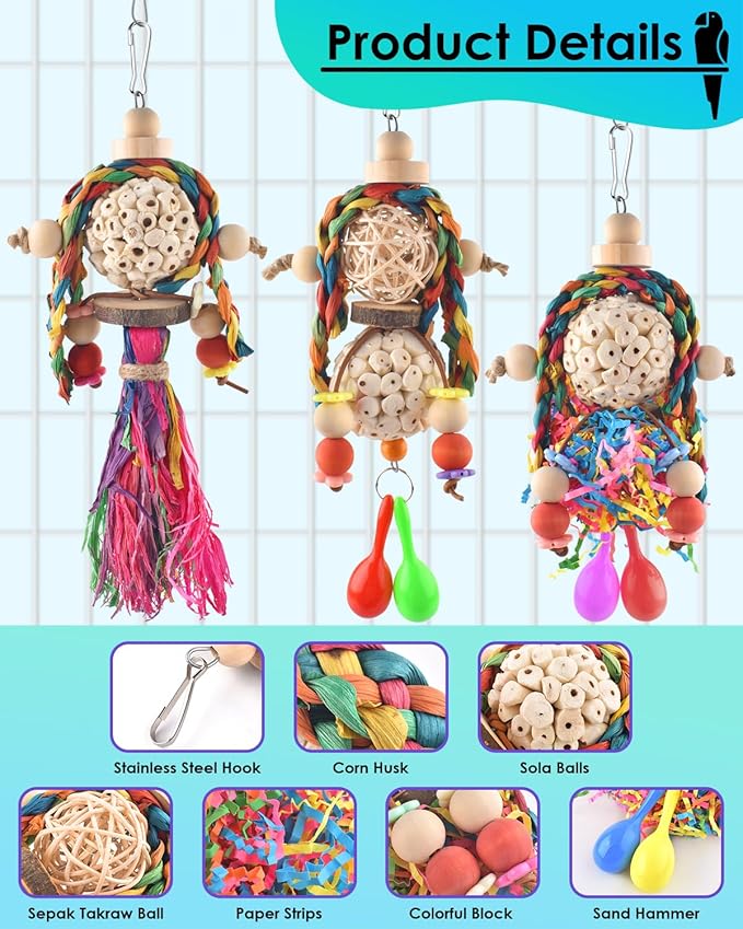 Bissap 3PCS Bird Parrot Foraging Shredder Hanging Toys Sola Balls with Sand Hammer for Small Parrots Parakeets Conures Cockatiels Love Birds Cage Toy