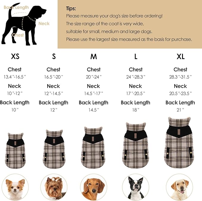 Winter Coat for Small Dogs, Puppy Plaid Jacket, Dog Jacket for Cold Weather, Windproof Warm Garments, Pets Thickened Outfits Indoor Outdoor, Beige S