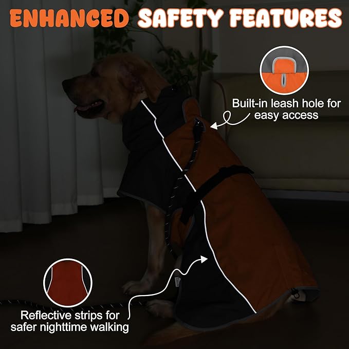 Dog Raincoat, Waterproof Dog Coat with Reflective Straps, Leash Hole & Polar Fleece Lining, Winter Snow Rain Coat for Small, Medium & Large Dogs, Warm, Windproof Vest Jackets