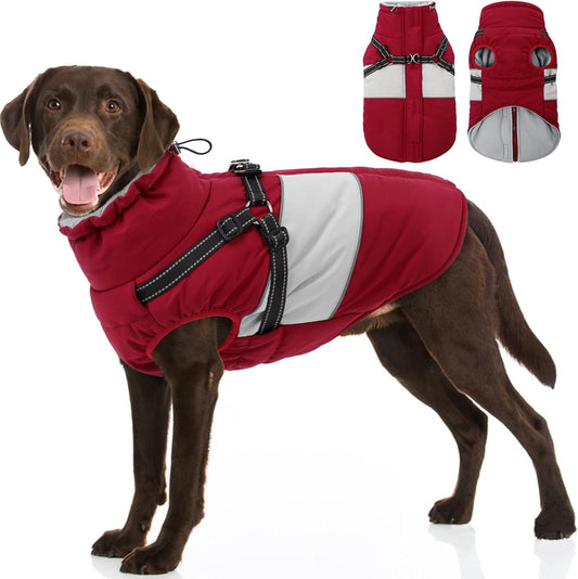 SUNFURA Dog Coat for Large Dogs, Warm Pet Jacket Winter with Harness Built in, Waterproof Pet Snow Jacket with Furry Collar, Reflective Fleece Snowsuit for Extra Large Dogs, Burgundy XL