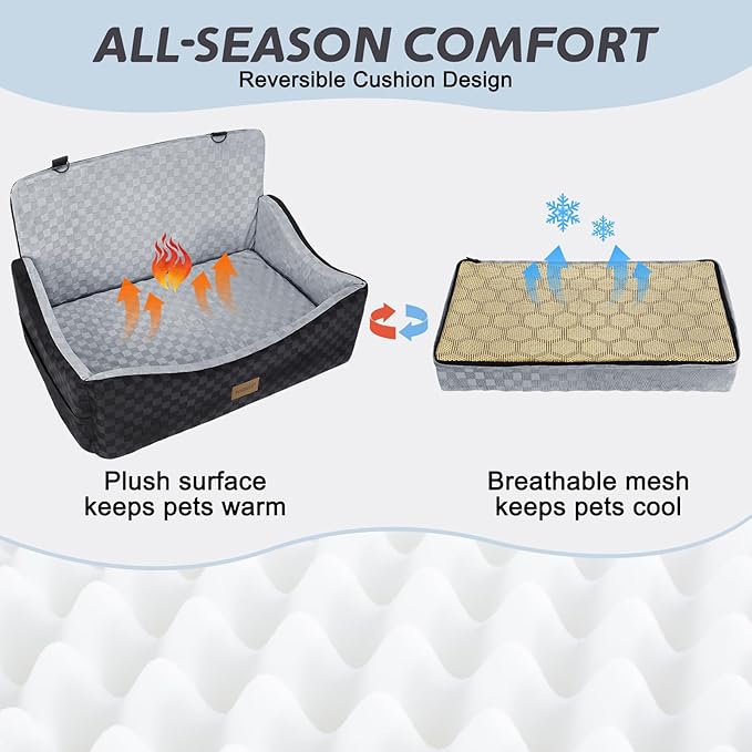 JOEJOY Dog Car Seat for Medium/Large Dogs - Reversible Dual-Sided Travel Dog Car Bed with Memory Foam, Washable Pet Booster Seat for Dogs up to 55 lbs or 2 Small Dogs, 2 Safety Leashes (Black/Grey)