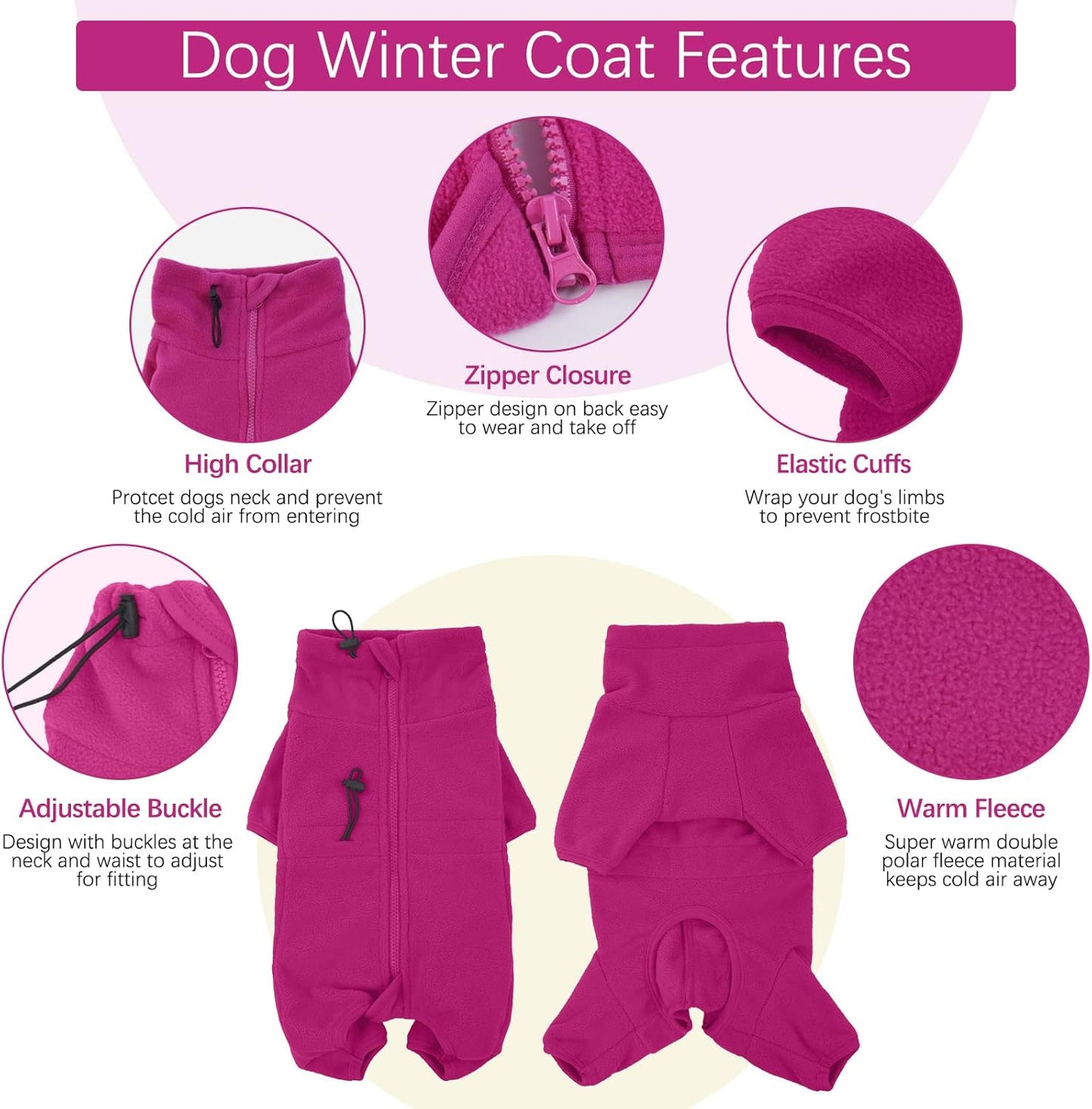 ROZKITCH Dog Winter Coat Soft Fleece Pullover Pajamas, Pet Windproof Warm Cold Weather Jacket Vest Cozy Jumpsuit Apparel Outfit Clothes for Small Medium Large Dog Walking Hiking Sleep Pink 2XL