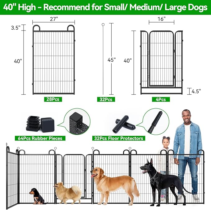 Dog Playpen Outdoor 32 Piece Panels Heavy Duty Dog Fence 40" Height Anti-Rust with Doors Portable for RV Camping Yard, Total 71FT, 406 Sq.ft, Snowy Black