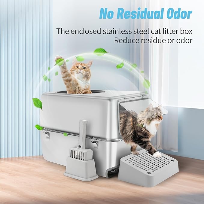 Stainless Steel Litter Box with Pull-Out Drawer, 23.6"L x 15.8"W x 15.8"H Enclosed Metal Cat Litter Box Tray with High Sides, Scoop, Filter Pedal, Top & Side Entry, Non-Sticky, Easy Cleaning