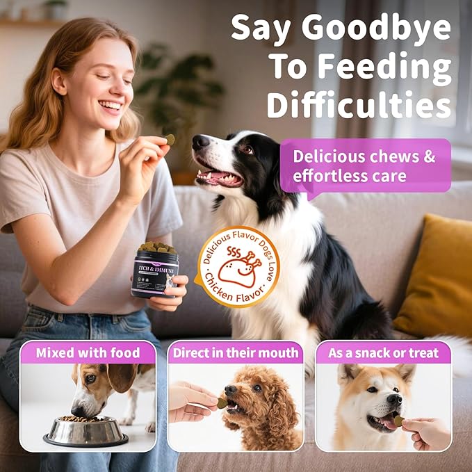 Dog Allergy Relief Chews, Itch Relief for Dogs – Turmeric & Omega-3 Supplements for Skin Comfort, Coat Health & Seasonal Support, Immune Care with Biotin & Quercetin – Chicken Flavor, 90 Count