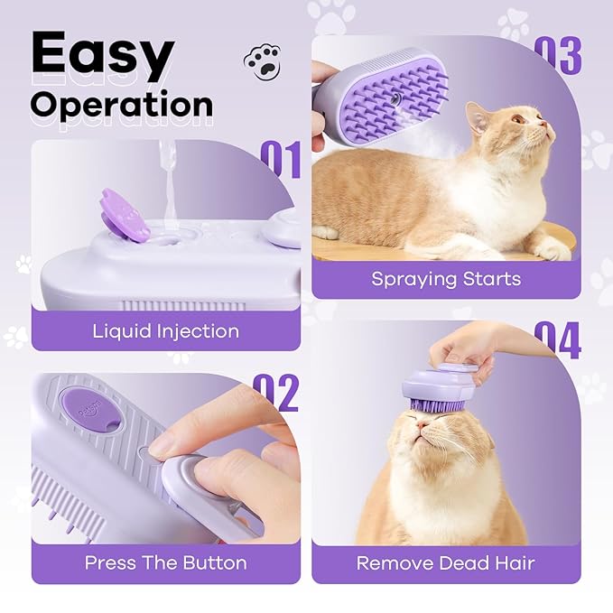 Cat Steam Brush for Shedding, 4 in 1 Cat Steamy Brushs Cleanser with Foldable Handle, Pet Spa Brush for Cats, Spritz Defur Comb for Pets, Steam Brushs for Cats, Pet Spray Hair Removal Comb