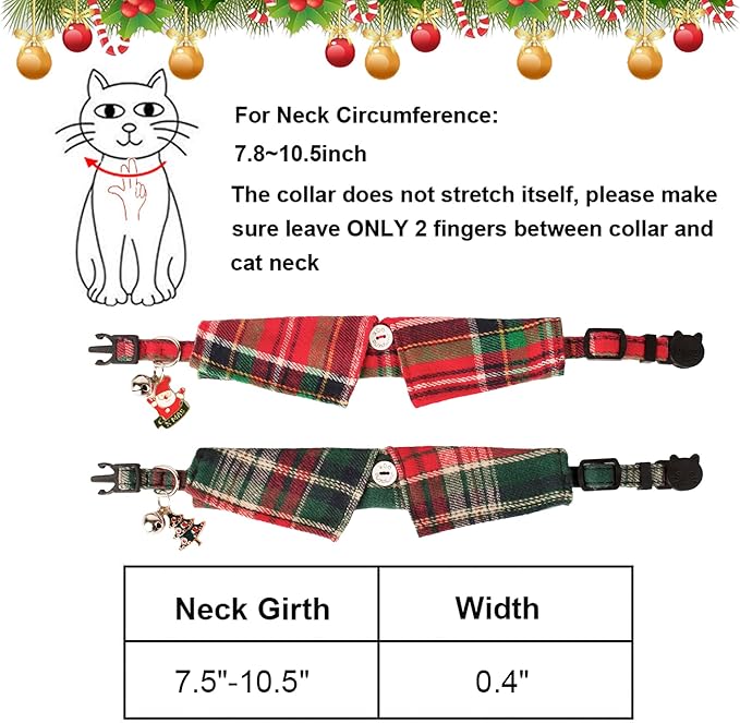 ADOGGYGO Christmas Cat Collars Breakaway with Bow Bell, 2 Pack Stylish Red Green Plaid Xmas Kitten Collar with Removable Shirt Collar, Plaid Christmas Collars for Cats Kittens