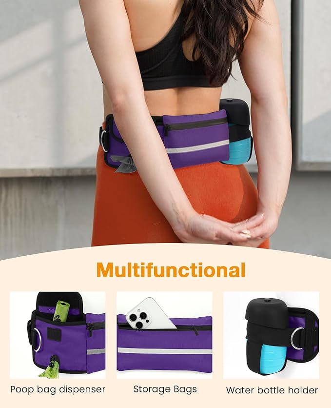 Pecute Hands Free Dog Leash with Pouch, Waist Belt Fanny Pack with Soft Pads, Dual Handles and Durable Bungee for Walking, Dog Seat Belt, Hiking, Running, Training, Purple(Up to 150lbs)