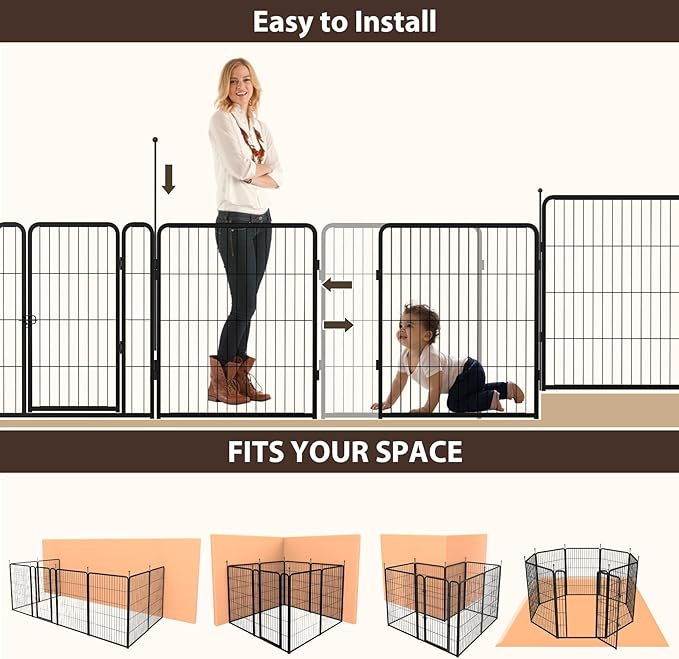 mestyl Dog Play Pen Indoors, Heavy Duty Metal Puppy Playpen, Portable Dog Exercise Pen Temporary Pet Fence with 2 Gate, 32" Height 16 Panels Foldable Dog Kennel for Large/Medium/Small Dogs
