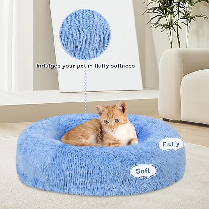 Calming Donut Pet Bed for Cats and Small Dogs, Washable Anti-Anxiety Round Bed with Non-Slip Bottom, [23.62 x 23.62 x 5.9 Inch] Plush Dog Cat Bed for Small Medium Pets(Blue)