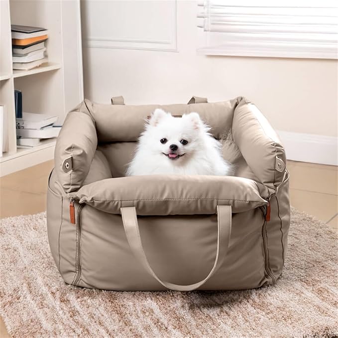 FUNNYFUZZY Dog Car Seat for Medium Sized Dogs, Waterproof 3 in 1 Soft Leather Dog Car Bed for Travel and Home,Portable and Safety,Fits Pets Up to 35 lbs(Khaki)
