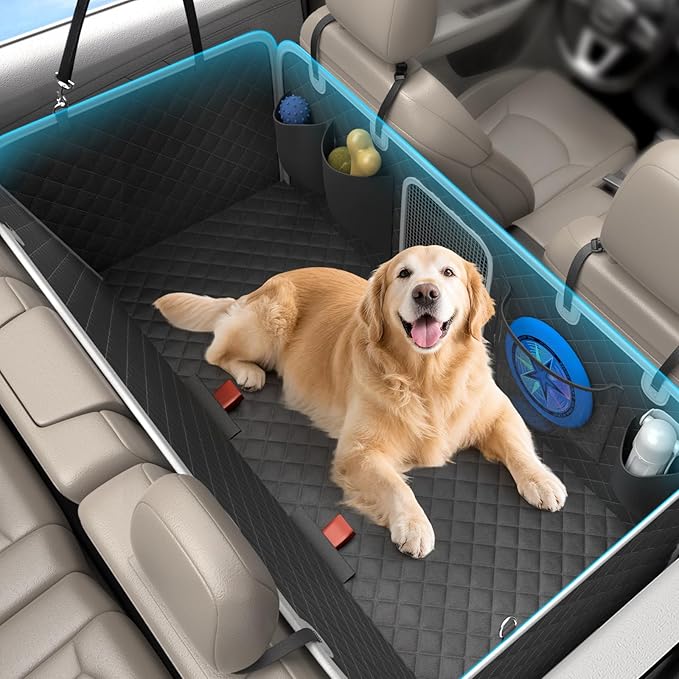 Dog Car Seat Cover for Back Seat, Hard Bottom Dog Hammock for Car, Waterproof Back Seat Extender for Large Dogs, Pet Seat Protector, Universal for Cars, SUVs, 400lb